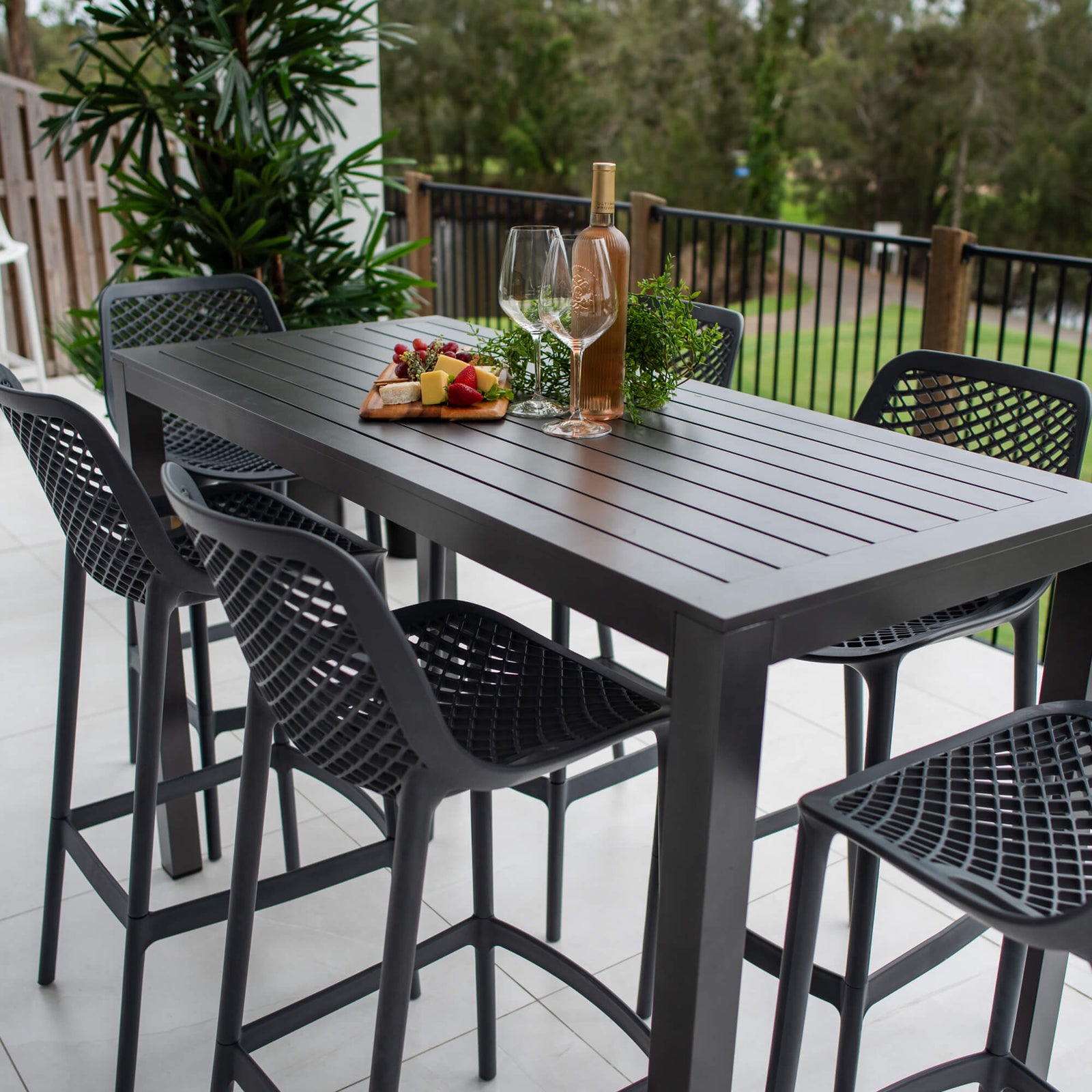 best-outdoor-furniture-Air 75 - Alum Slat Bar - 7pce - Outdoor Bar Set #color_GUNMETAL