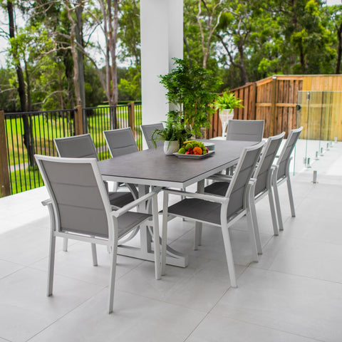 Margot Chester Moon - 9pce (215x100) - White/Grey Outdoor Dining Set