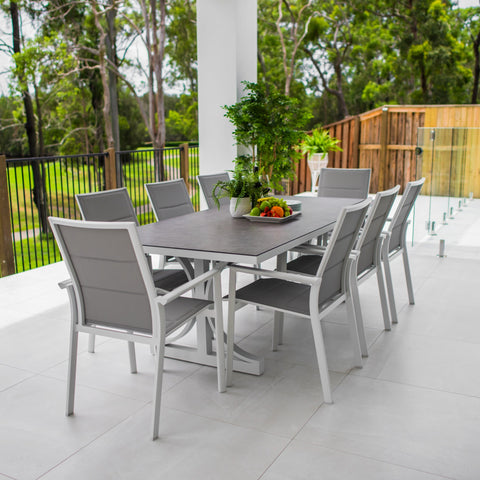 Margot - Chester Moon - 9pce Outdoor Dining Set (215cm) Grey Top on White Frame