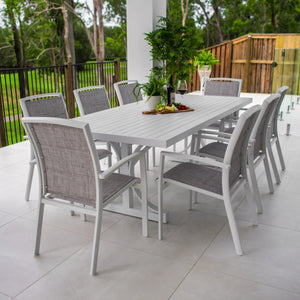 best-outdoor-furniture-Shelby-Bergen Moon Aluminium Slat - 9pce Outdoor Dining Set (220x100cm)